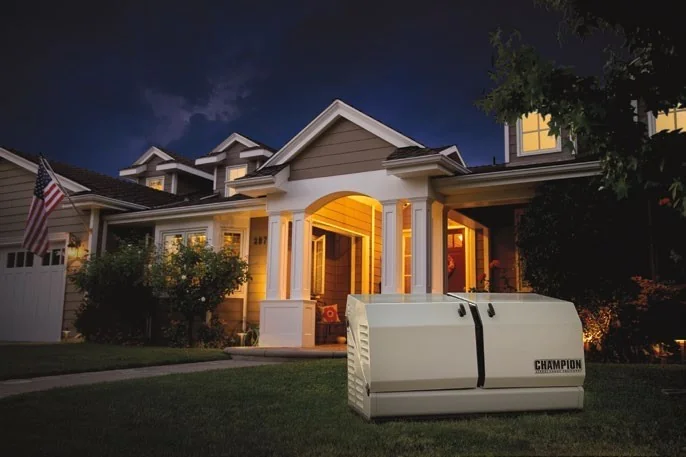 Champion standby generator near a home, from Champion Power Equipment manufacturer's product literature