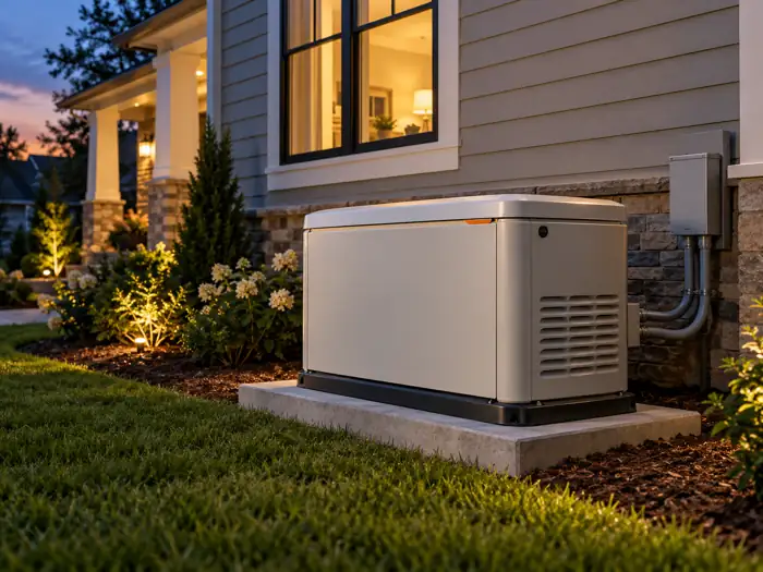 Conceptual marketing illustration of a residential standby generator beside a well-lit home at dusk