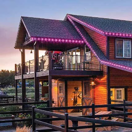 Manufacturer example of Oelo permanent color-changing roofline lighting on a building at night